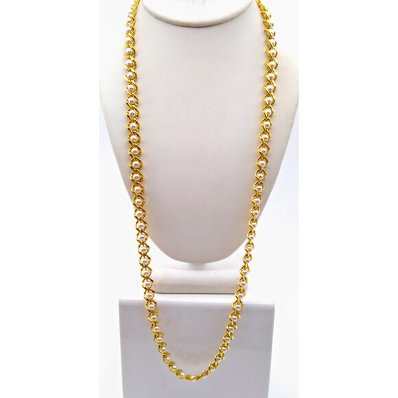 Classic Napier Pearl Chain Necklace, Rich Retro Gold Tone Vintage Strand - Picture 1 of 2